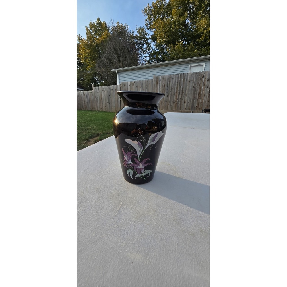 glossy black ceramic vase W/ hand-painted purple floral design & flared rim